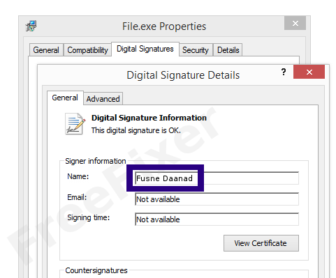 Screenshot of the Fusne Daanad certificate